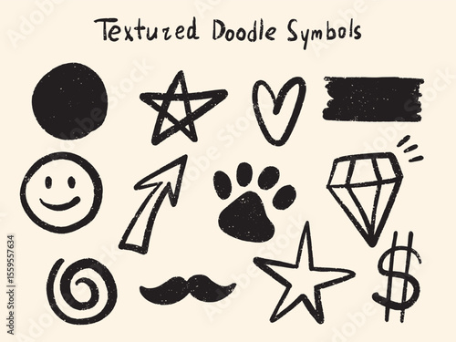 Vector hand-drawn textured doodle icon set including smiley face, star, arrow, text banner, circle, diamond, mustache, spiral, dollar sign, paw print, and heart