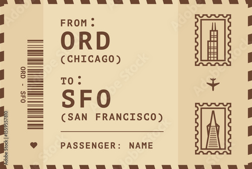 USA, Chicago - San Francisco flight, luggage tag, boarding pass card. Vector illustration layout for infographic, postcard, sticker, print, promo in vintage style with landmark stamps