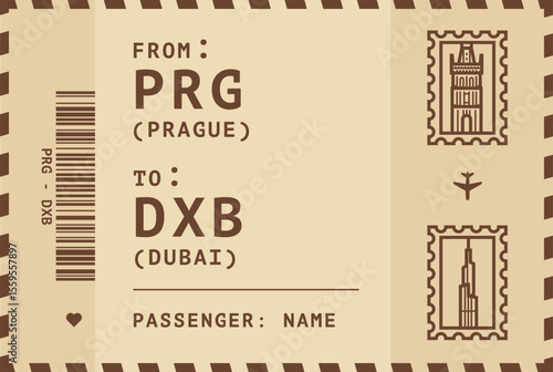 Czech Republic, Prague - UAE, Dubai flight, luggage tag, boarding pass card. Vector illustration layout for infographic, postcard, sticker, print, promo in vintage style with landmark stamps