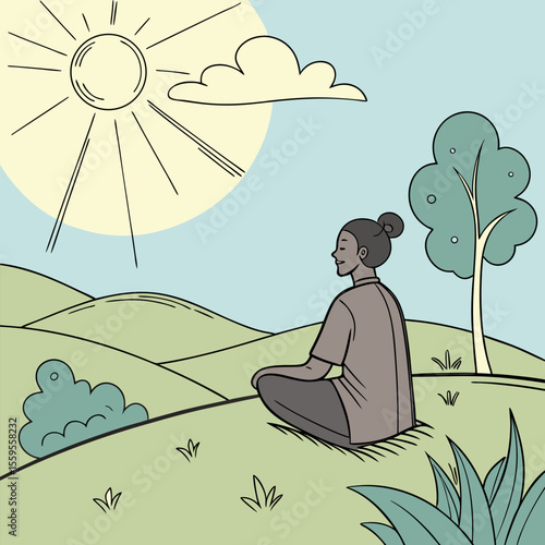 A person in meditation sits peacefully on a grassy hill under a bright sun and blue sky with a single cloud and a lone tree