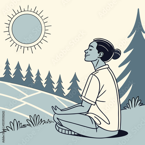 A serene person with eyes closed sits in a meditative pose outdoors surrounded by stylized trees and gentle hills under a bright sun