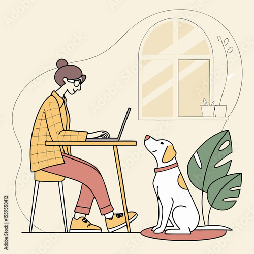 A woman wearing glasses and a yellow checkered shirt works on her laptop at a desk while her loyal dog sits attentively beside her looking up