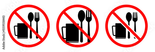 No food or drink allowed sign. No eating or drinking sign. No food or drink logo, label, badge, sticker, symbol, emblem, stamp, banner, circle, black, line, flat vector, isolated illustration.
