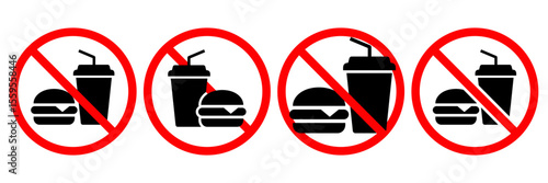 No food or drink allowed sign. No eating or drinking sign. No food or drink logo, label, badge, sticker, symbol, emblem, stamp, banner, circle, black, line, flat vector, isolated illustration.