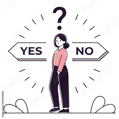 Young woman contemplates between yes and no under a question mark transparent background