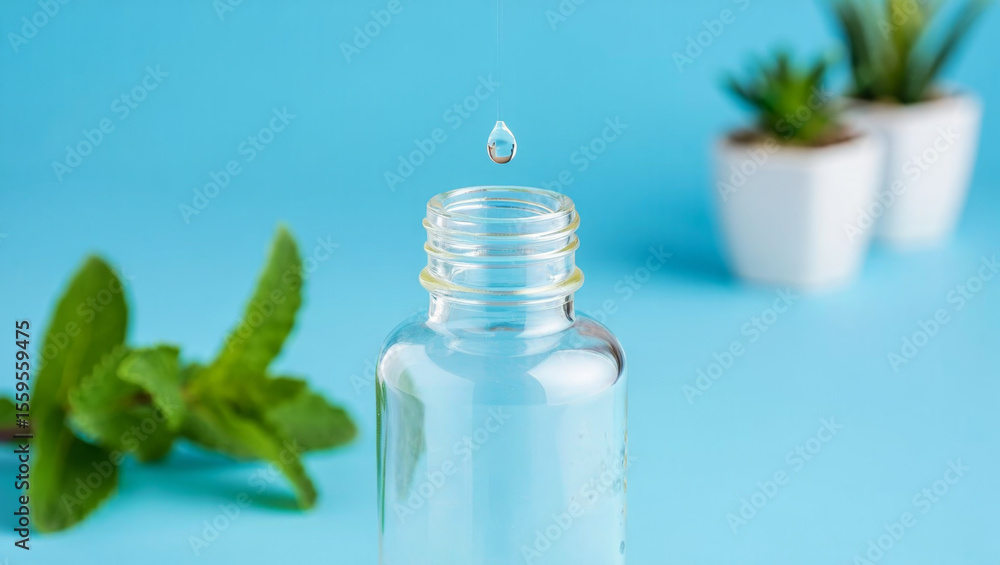 A single drop of clear liquid falls into an open glass bottle with mint and potted plants in the background. A single drop of clear liquid falls into an open glass bottle with mint and potted plants in the background.