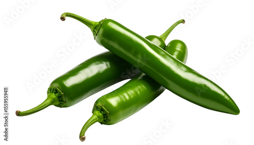 Fresh Green Long Peppers Group on White Background.