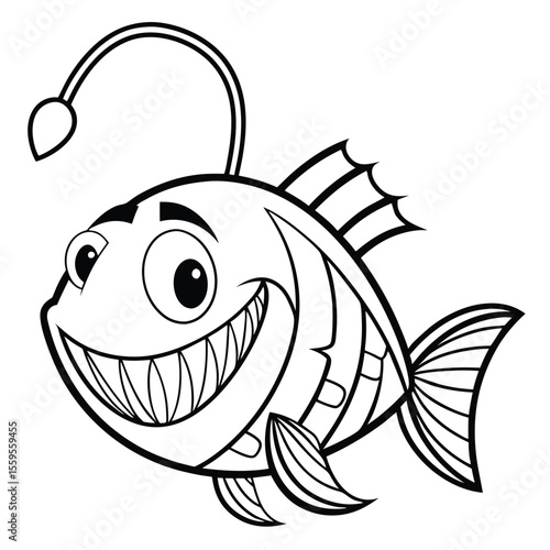 Cartoon anglerfish with large teeth and an antenna light grins widely on white
