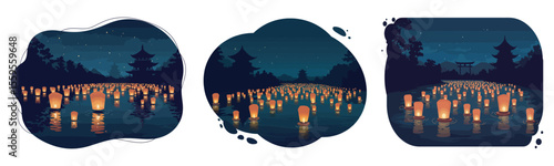 Set of Floating paper lanterns on a river during Toro Nagashi ritual at Obon festival.