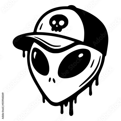Black and white graffiti street style alien head wearing a baseball cap with skull logo