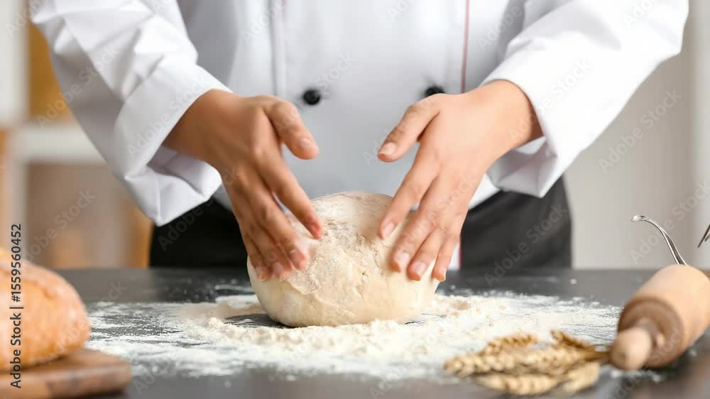 Chef kneading dough in kitchen, close-up of hands preparing fresh bread dough, culinary cooking process, bakery preparation, professional chef at work, food preparation concept. Chef kneading dough in kitchen, close-up of hands preparing fresh bread dough, culinary cooking process, bakery preparation, professional chef at work, food preparation concept.