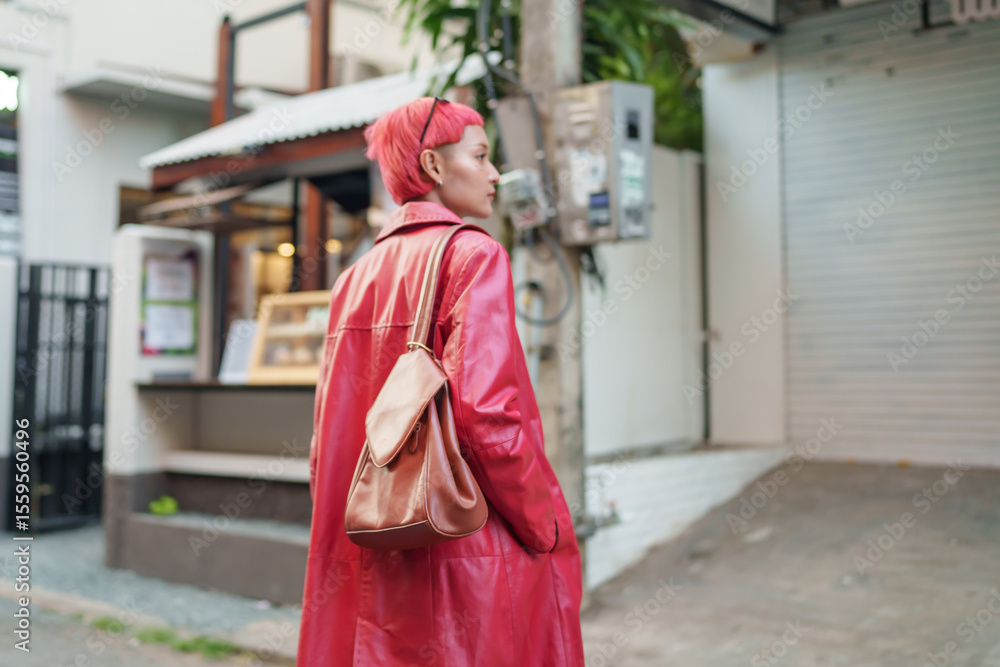 Fototapeta premium Gen z girl leather fashion with punk Asian woman tourist of local city Southeast Asia travel trendy pink hairstyle young female punk traveler walking around in town