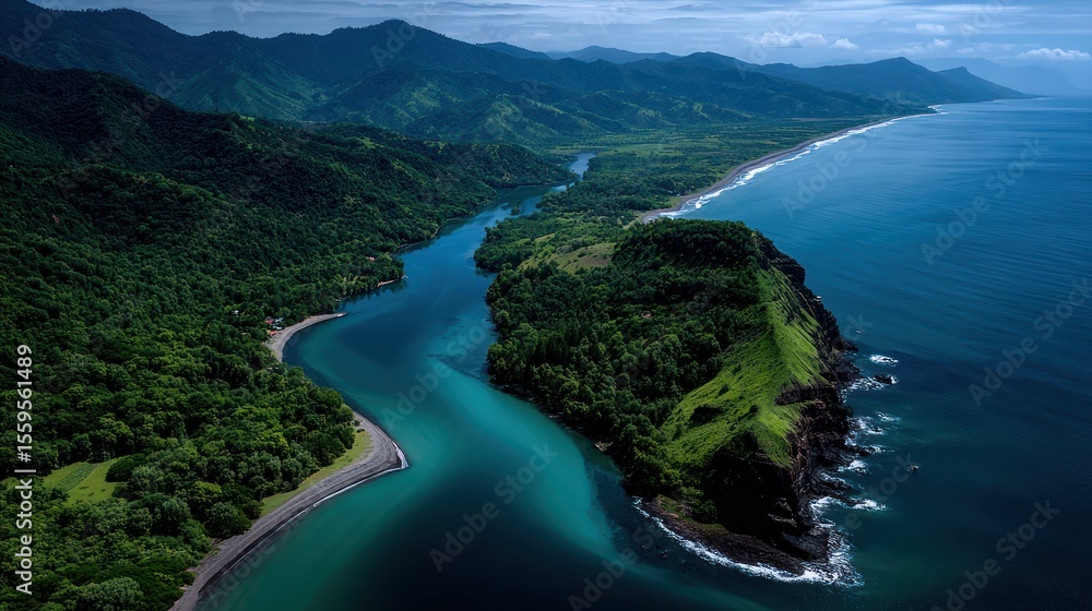 Fototapeta premium Lush tropical coastline with turquoise river