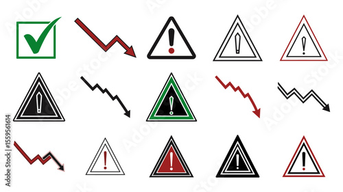 Financial Alert and Market Risk Icons Set – Warning, Check Marks, Down Arrows, Caution Symbols for Economic and Business Themes