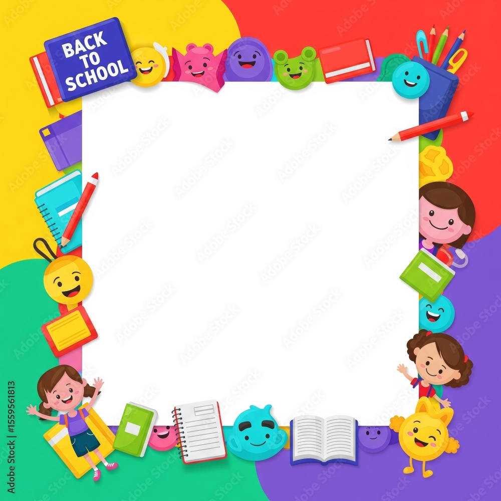 Fototapeta premium Fun Back to School Border with Cute Cartoon Characters and School Supplies