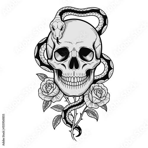 drawing of the skull, flowers with skulls tattoos, cartoon skull with roses and Snake, drawings of a snake