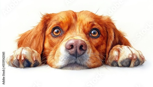 Curious dog peeking over white background