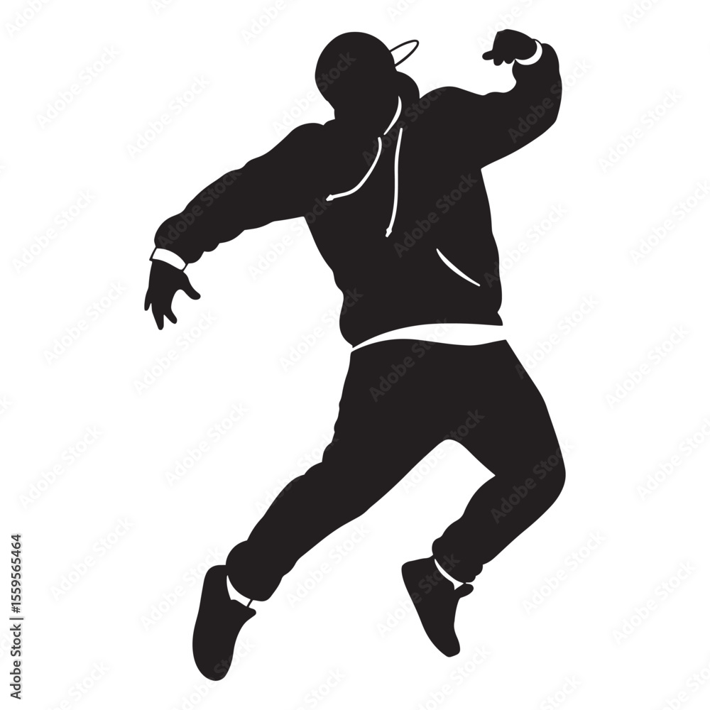 Obraz premium Dynamic silhouette illustration of a person in streetwear performing a hip hop dance move