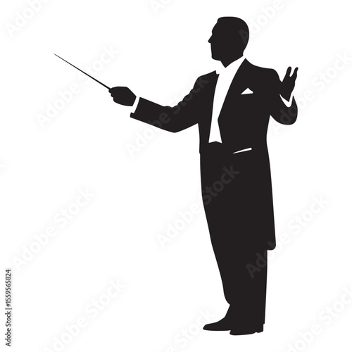 Elegant silhouette of a classical orchestra conductor with baton directing music performance