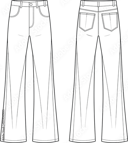  Essential women's high-waisted wide-leg trousers, presented in front and back flat vector technical drawings, perfect for fashion design, apparel mockups, and clothing collection development.