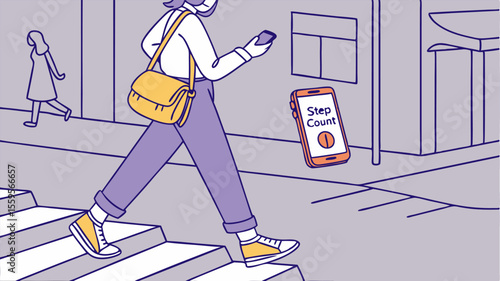 A woman with a yellow bag and purple pants walks across a crosswalk while looking at her smartphone displaying a step count app