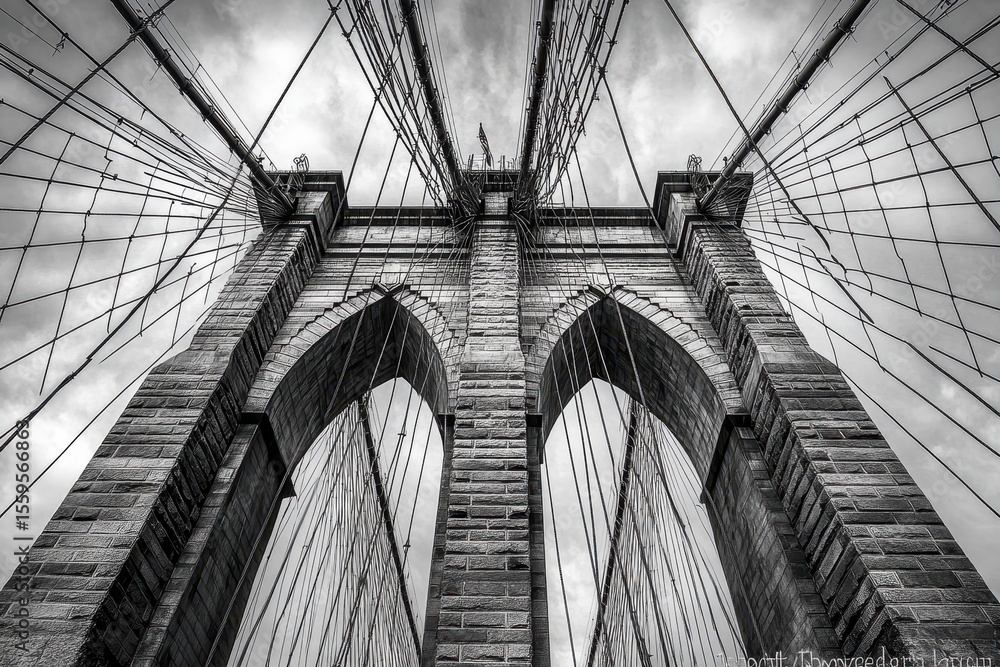Obraz premium Brooklyn Bridge towers above with intricate cable designs and striking architecture in New York City, Brooklyn Bridge, New York City