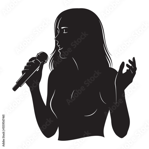 Silhouette of a female singer performing on stage with a microphone vector illustration