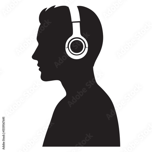 Silhouette of a man wearing headphones on white background for music or audio concepts