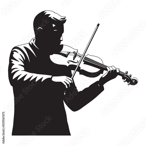 Silhouette of a musician playing a violin isolated on white background for creative use