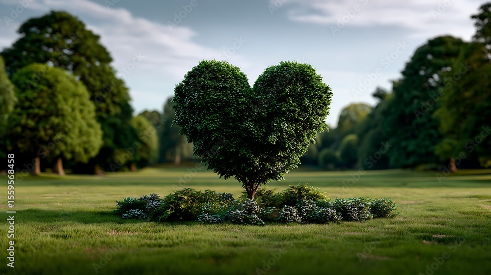 Naklejka premium Heart shaped tree in green park romantic topiary love nature symbol serene landscape viewpoint