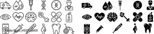 Medical and healthcare icon set, bundle, vector, line art, isolated on transparent background