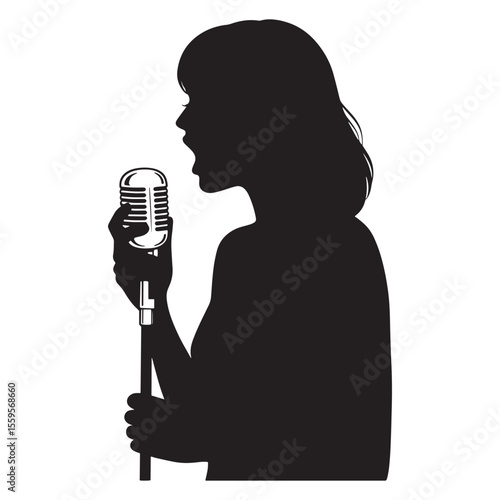 Silhouette of a woman singing into a vintage microphone in black and white