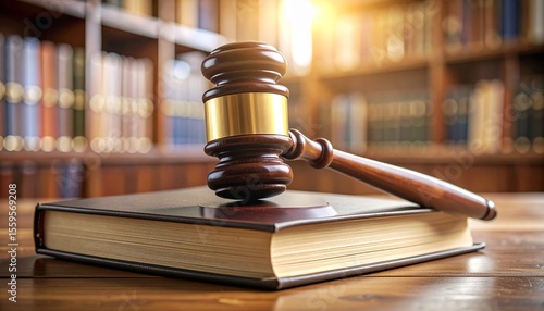 A close-up of a gavel resting on a law book in a courtroom setting.	
