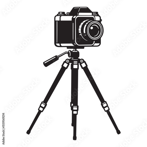 Stylish black and white illustration of a camera mounted on a tripod ready for photography