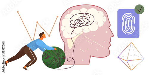 Man untangling yarn symbolizing mental clarity and problem-solving, brain outline with tangled lines, fingerprint access, and geometric prism. Ideal for psychology, productivity, focus, creativity