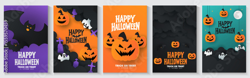 Happy Halloween posters, cards, banner with night clouds pumpkins Full moon and flying bat in paper cut style. collection of Halloween background, flayer, cover, Brochure with copy space for ads promo