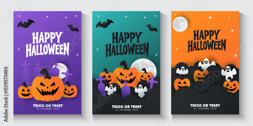 Happy Halloween posters, cards, banner with night clouds pumpkins Full moon and flying bat in paper cut style. collection of Halloween background, flayer, cover, Brochure with copy space for ads promo