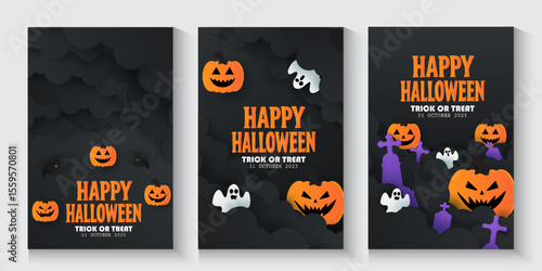 Happy Halloween posters, cards, banner with night clouds pumpkins Full moon and flying bat in paper cut style. collection of Halloween background, flayer, cover, Brochure with copy space for ads promo