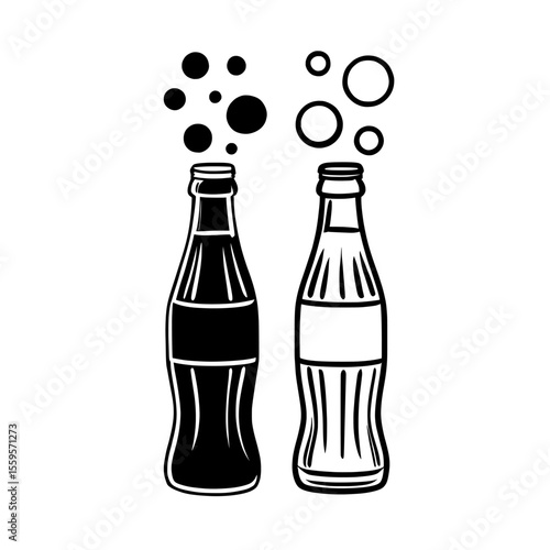 soda bottles vector , Two soda bottles with bubbles black and white vector on white background , transparent background , no background