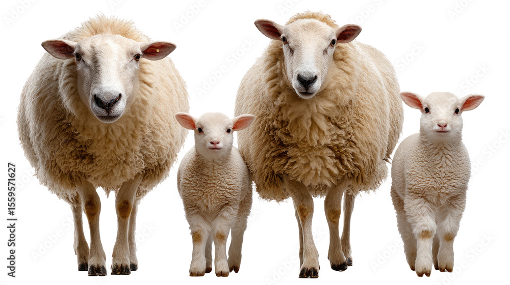 Fototapeta premium Sheep Family Portrait: Two adult sheep and two lambs stand together, creating a heartwarming family portrait against a seamless white background. The image conveys a sense of serenity and domesticity.