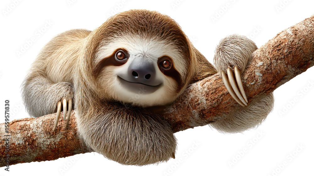 Fototapeta premium Sloth on Branch: A captivating, friendly sloth with its unique facial markings gracefully hangs on a sturdy branch, its presence adding an element of tranquility to the scene.