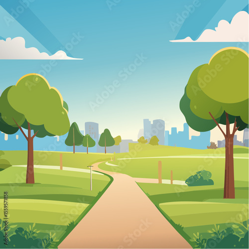 vector landscape with a walking path through a park, trees, and sunlight, promoting outdoor activity and wellness