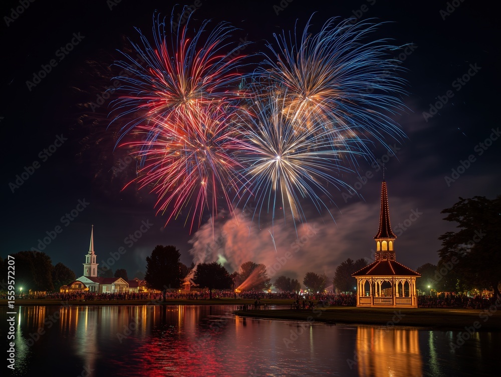 Fototapeta premium Generic Town Fireworks Long Exposure: Church Spire & Gazebo Silhouettes, Red/White/Blue Light Trails Reflected on Lake (No Recognizable Landmarks)