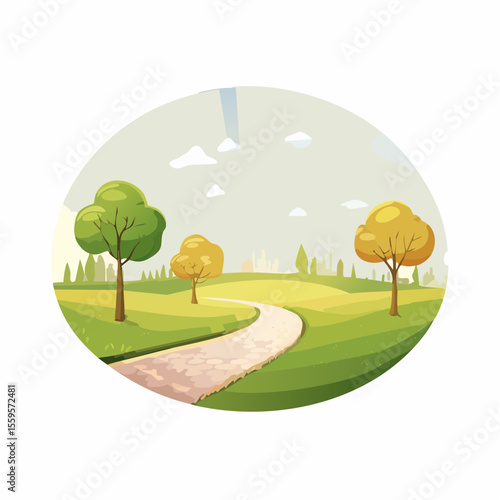 vector landscape with a walking path through a park, trees, and sunlight, promoting outdoor activity and wellness