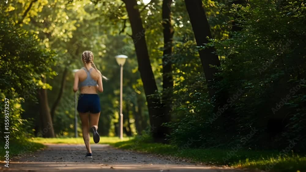 Young woman running at dawn in a tree-lined park, soft morning light, motion blur to suggest movement, athletic wear, healthy lifestyle and fitness concept, peaceful natural environment, dew on grass,