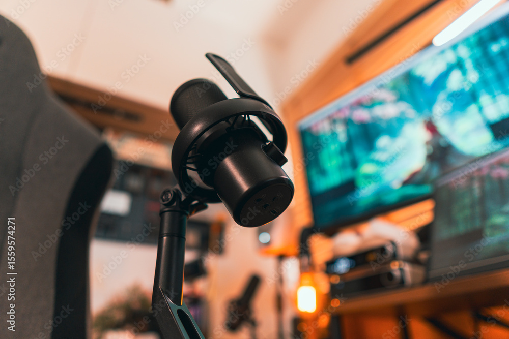Obraz premium Modern podcast setup with professional microphone on boom arm in cozy home studio, featuring blurred monitors and wooden blinds background. Creative workspace inspiration.