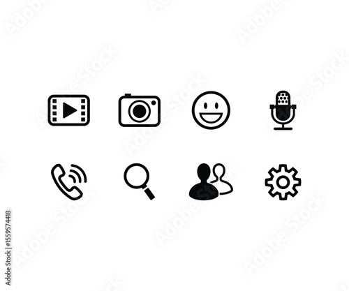 A versatile set of 8 solid and outline-style icons representing core multimedia and communication functions. Includes video player, camera, smiley face, microphone, phone call, search tool, user group