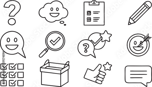 Survey web icons set in line style. Collection of linear icons of feedback including questions, opinions, satisfaction, feedback, research, reviews, satisfaction, tasks, polls, answers and many more. 