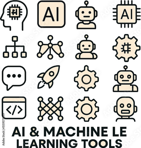 Adobe Illustrator Artwork for AI and machine learning flat icons set 