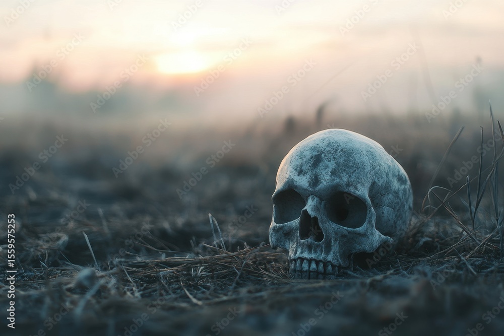 Skull rests on the ground amidst a misty landscape at dawn surrounded by natures tranquility, Skull On The Ground In Misty Landscape Skull rests on the ground amidst a misty landscape at dawn surrounded by natures tranquility, Skull On The Ground In Misty Landscape